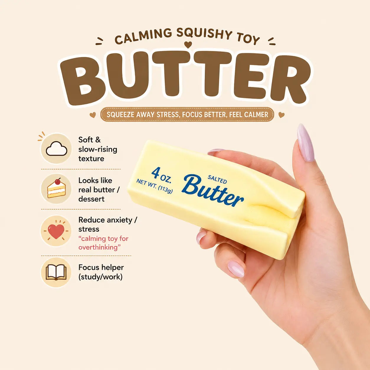 3Pc Squeeze Butter Squishy Toy, Slow Rising PU Foam Fidget Toy for Stress Relief, Anxiety Relief Sensory Toy, Food Shaped Desk Toy Gift Summerwins
